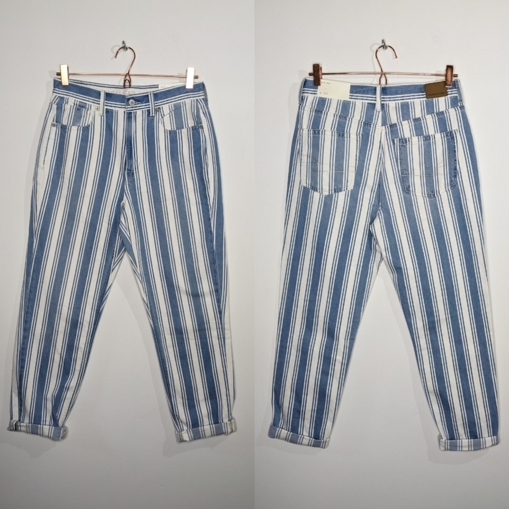 NWT AEO Mom Jean in Retro Indigo Stripe blue white 6